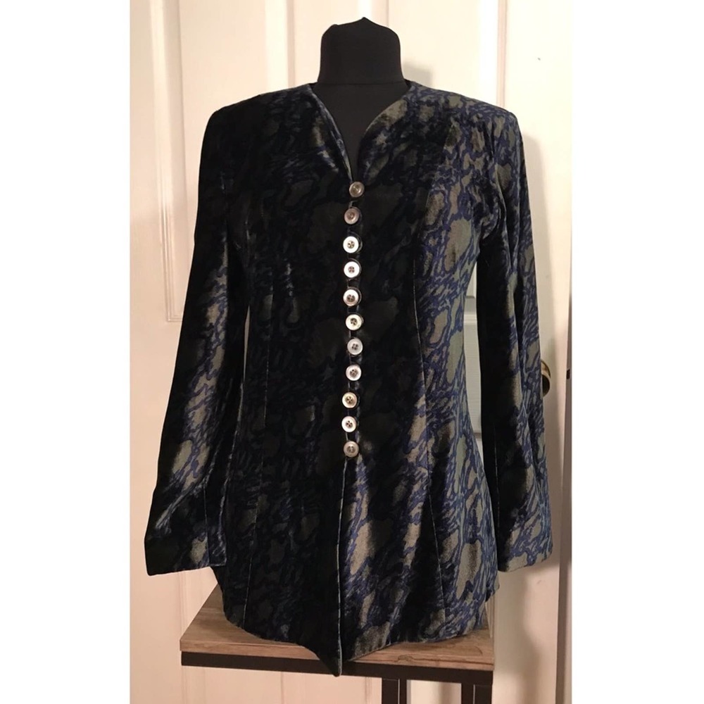 Purification Garcia Black, Navy Blue, Green Velour Velvet Collarless Blazer 4 6